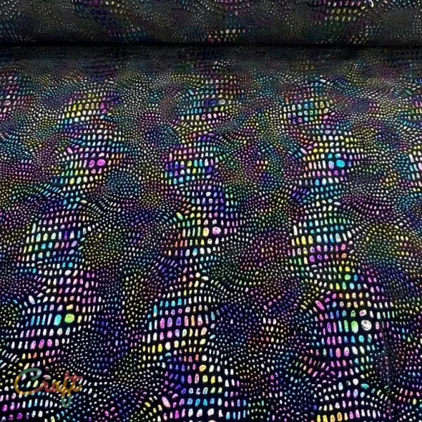 Stretch velours zwart met multi color folie druppels - Hobbystoffen • Naaiplezier Quilt Quilten Stoffen